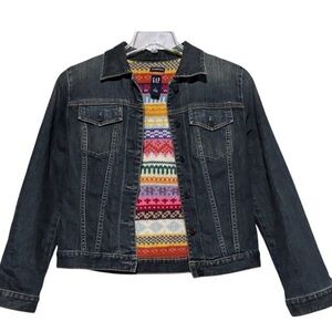 Vintage Y2K Retro GAP Denim Jacket with Colorful Fair Aisle Wool Lining Size XL